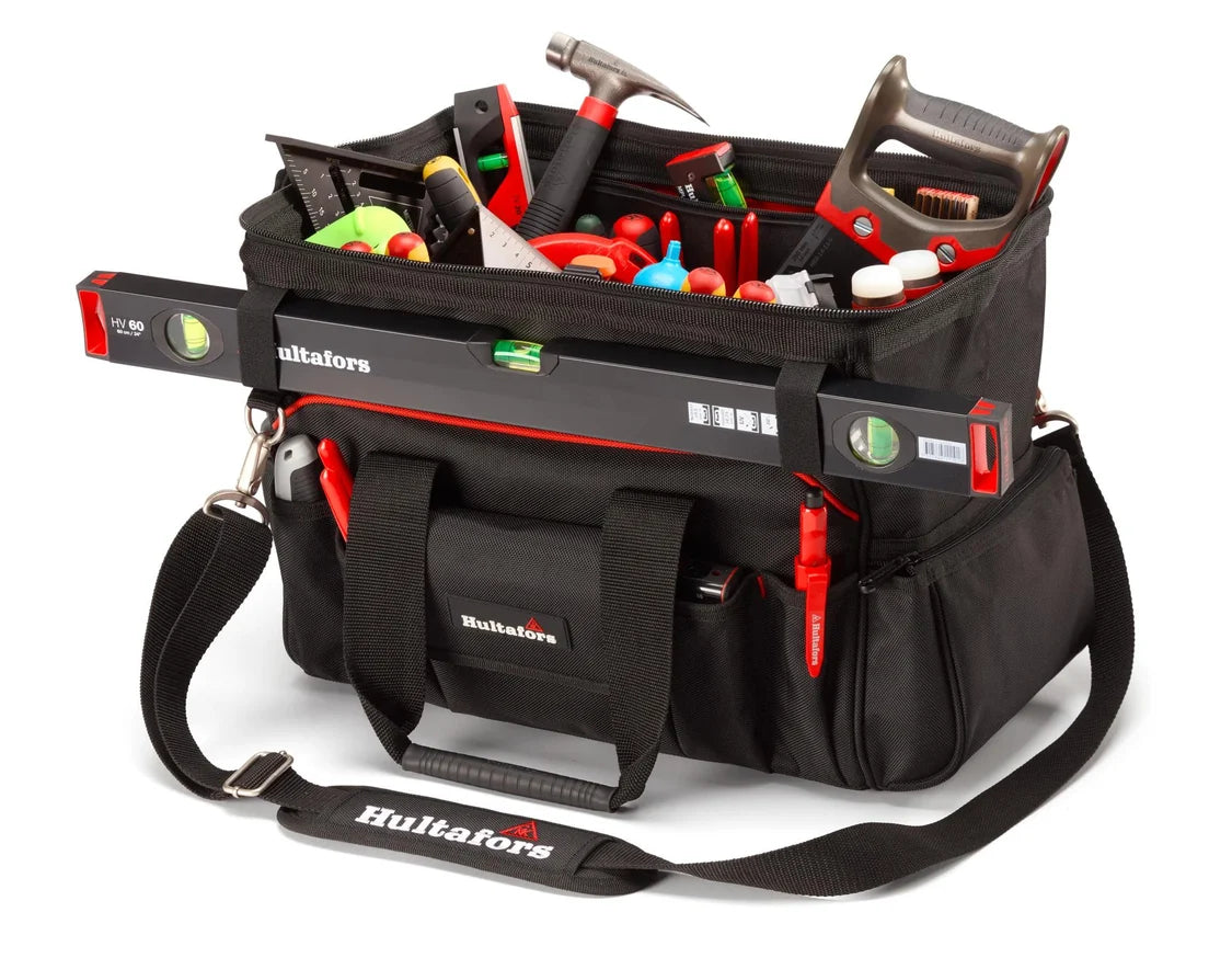 Hultafors 50cm toolbag filled with various hand tools including hammer, saw, level, and measuring tape.