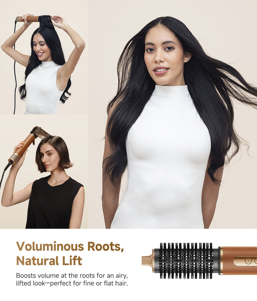 Collage showing two women styling hair with Dreame AirStyle Pro 7-in-1 Hair Styler and one woman with voluminous, lifted