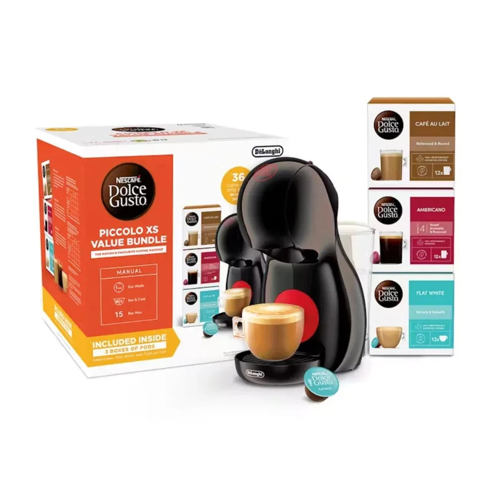 DeLonghi Piccolo XS black coffee machine with a cup of coffee, pods, and three boxes of Dolce Gusto capsules.
