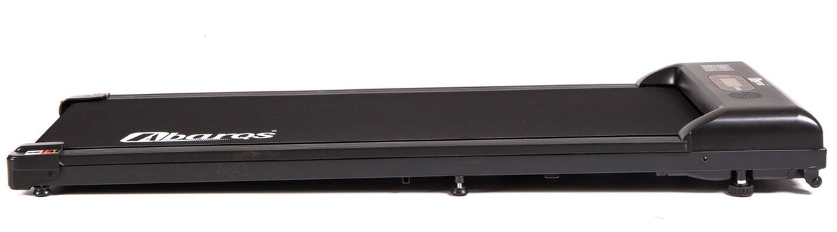 AbarQs fitness BZ-38.00 electric treadmill walking pad in black, side view on white background.