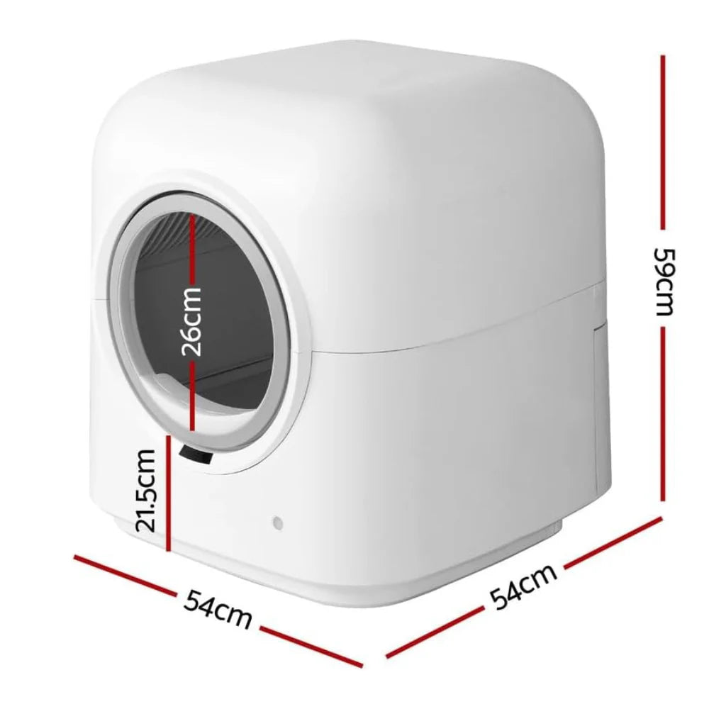 White Wiggle & Wander Self Cleaning Cat Litter Box with circular entrance and size dimensions shown