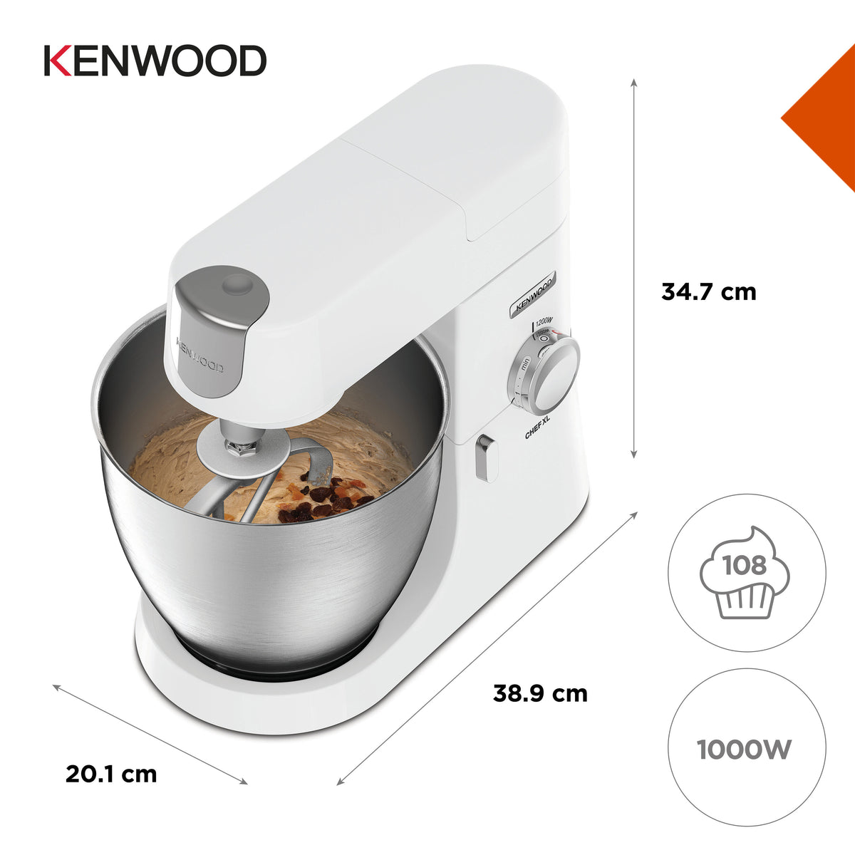 Kenwood Chef Mixer XL in white with stainless steel bowl mixing dough with raisins inside