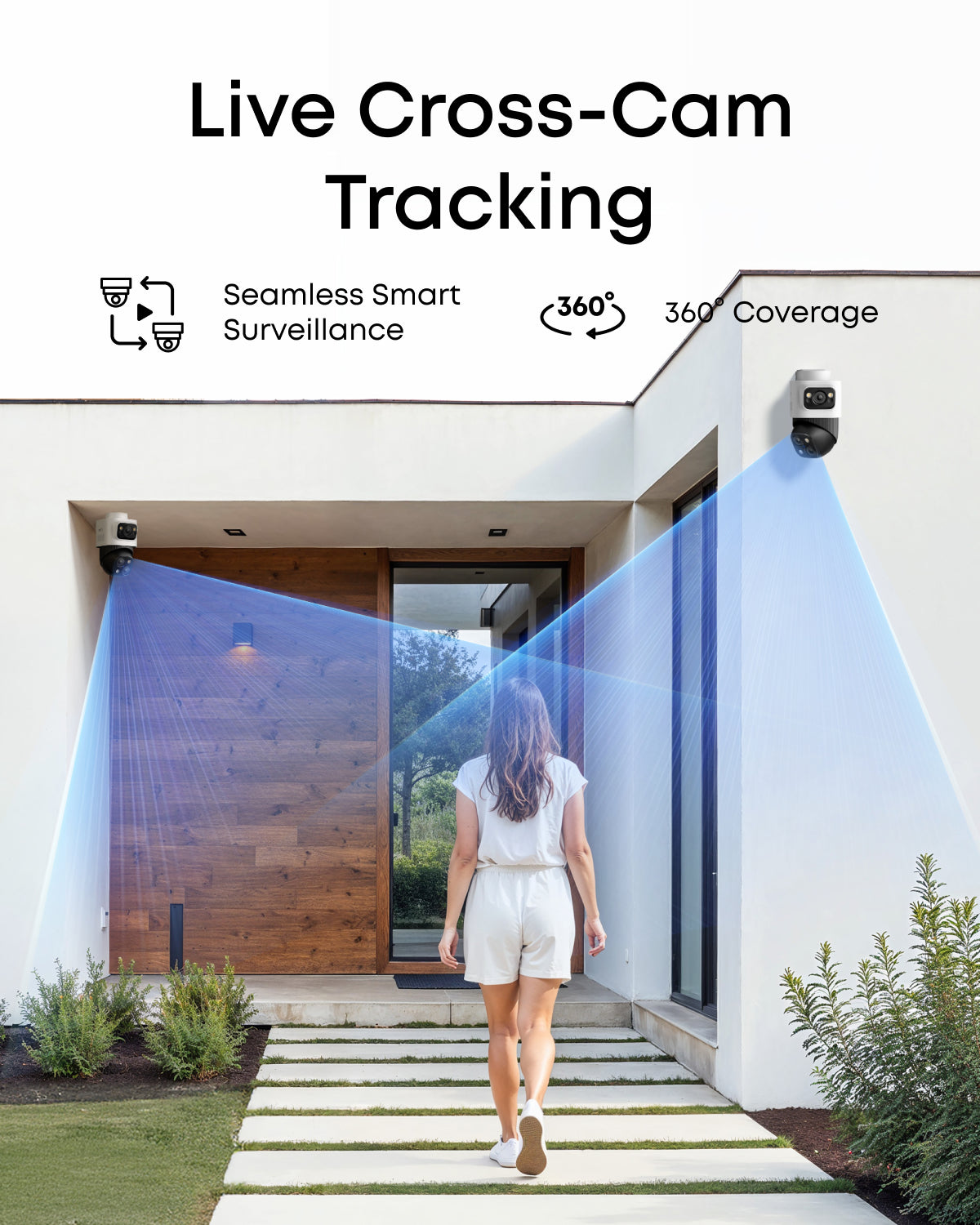 Eufy NVR Security System S4 Max cameras mounted on a house tracking a woman walking on the path.