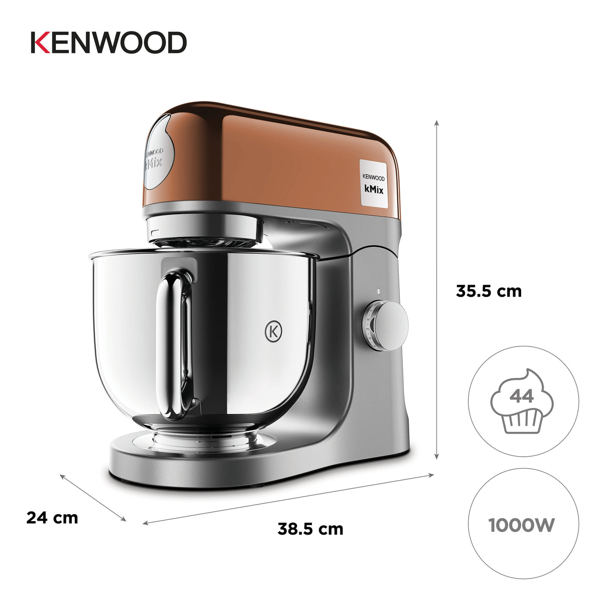 KENWOOD kMix kitchen mixer in rose gold with stainless steel mixing bowl and control dial on side
