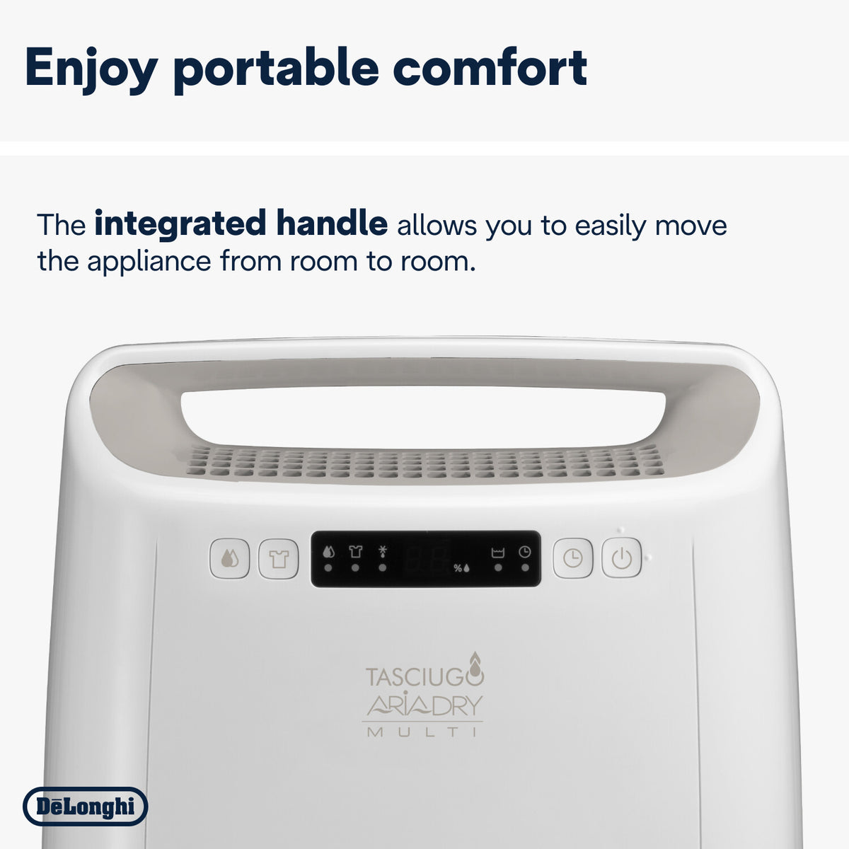 Top section of Delonghi Tasciugo AriaDry 14L dehumidifier showing integrated handle and control panel.
