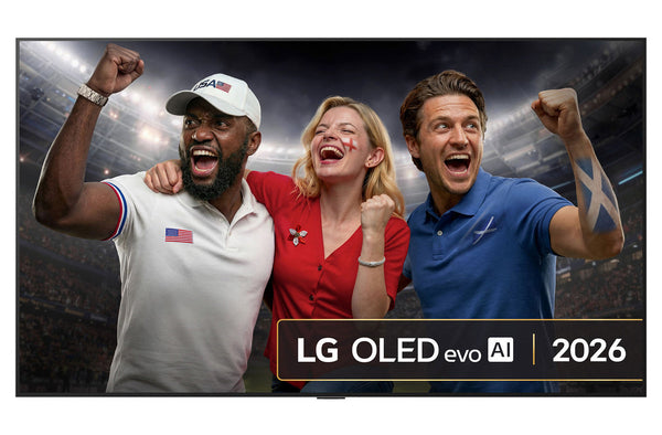 Three people celebrating in a stadium with an LG OLED evo AI 2026 display.