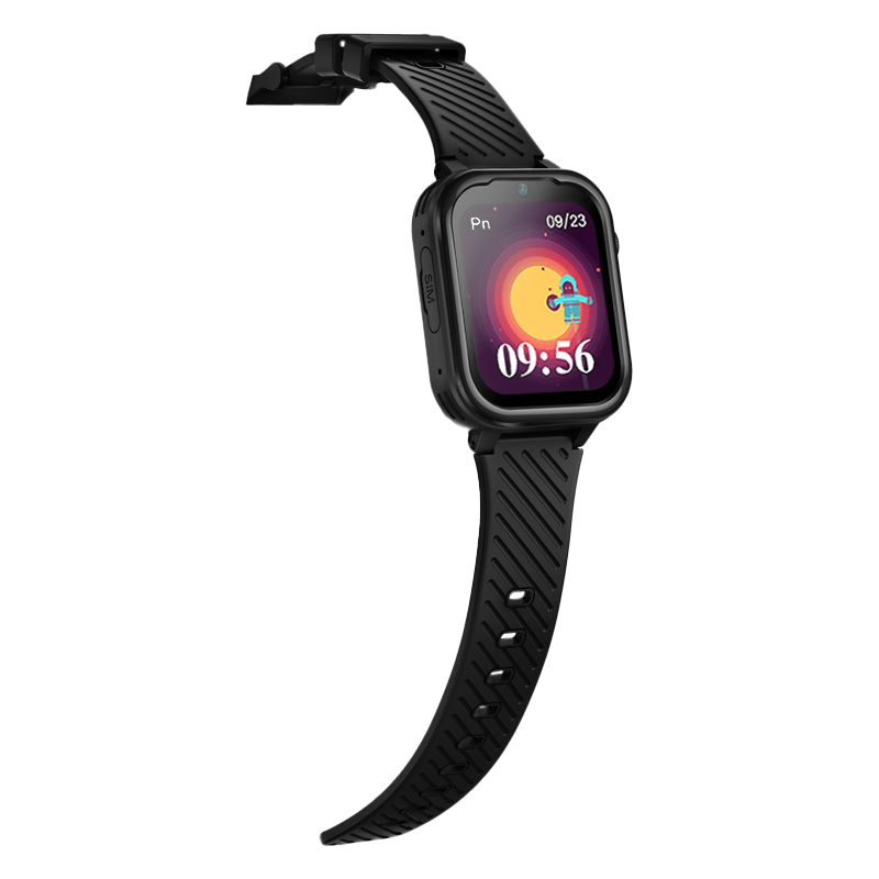 Smartwatch Garett Kids Essa 4G Black with colorful robot watch face and textured black strap.