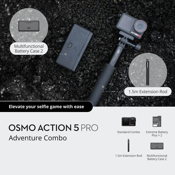 DJI Osmo Action 5 Pro Adventure Combo with 1/1.3" sensor, dual OLED screens, 4hr battery, HorizonSteady stabilization –