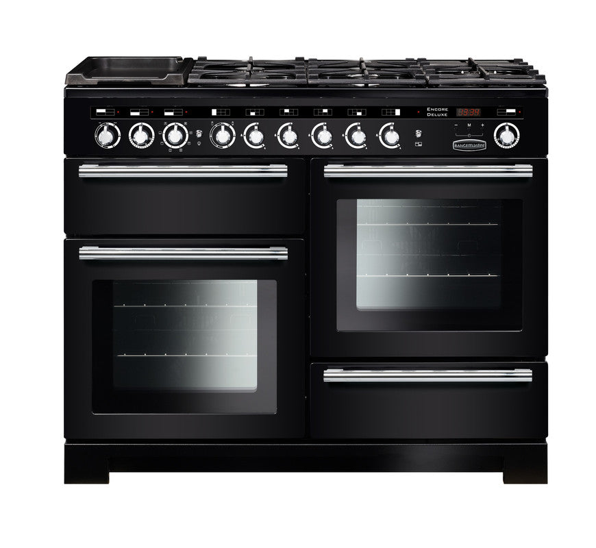 Rangemaster Encore Deluxe 110 dual fuel cooker in black with chrome trim, six burners, and three oven doors.
