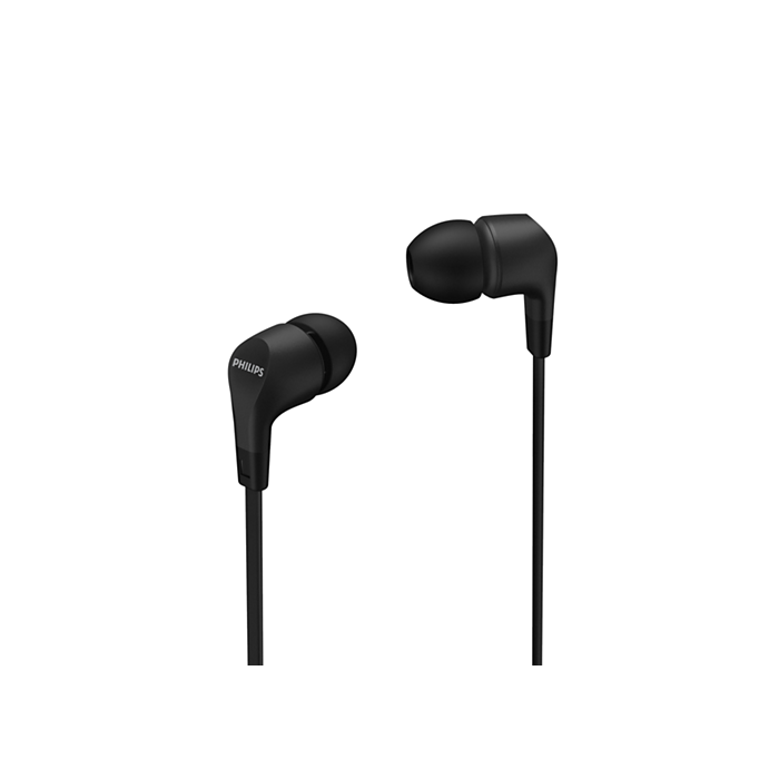 Philips black wired in-ear headphones with silicone earbuds and visible Philips logo on one earbud