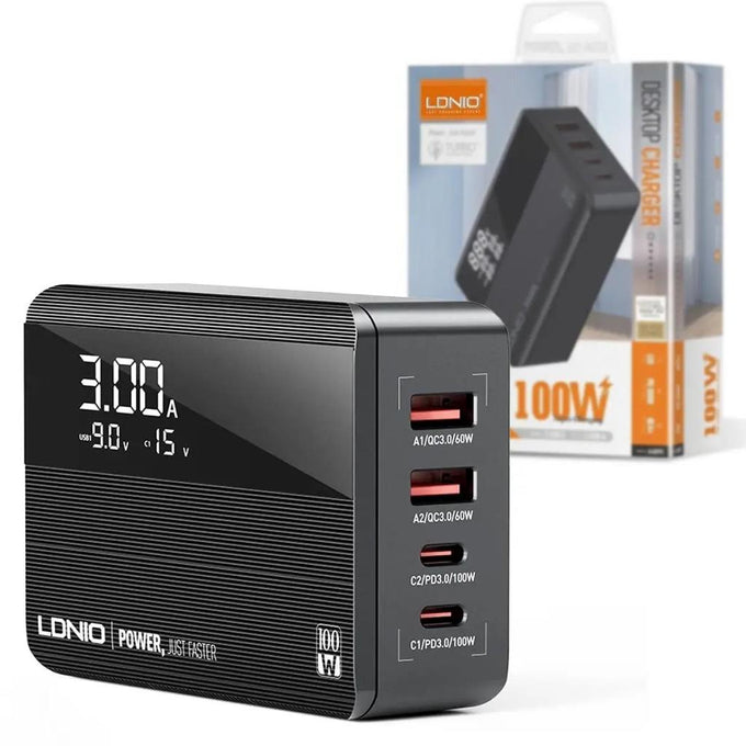LD Super Charger 100W 4-Port USB PD+QC3.0 Fast Desktop Charger with LED Display, Portable, Safe - Keans Claremorris