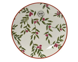 A round ceramic plate with a white background, decorated with green leafy vines and small pink berries, finished with a thin red rim. A small circular logo for 'KITCHEN' is printed near the top center.
