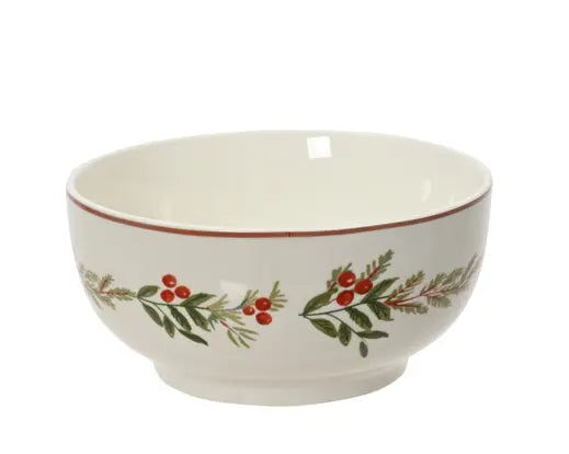 A white ceramic bowl featuring a green and red holly leaf and berry pattern around the lower half, with a thin red inner rim, shown against a plain white background.