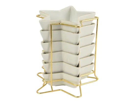 Porcelain Star Bowl Set with Gold Stand – 6 Bowls White - Image 1