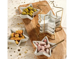 Porcelain Star Bowl Set with Gold Stand – 6 Bowls White