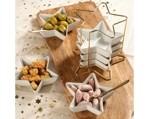 Porcelain Star Bowl Set with Gold Stand – 6 Bowls White - Image 2