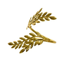 A gold leaf branch ring with a textured, ribbed leaf design, shown on a plain white background.