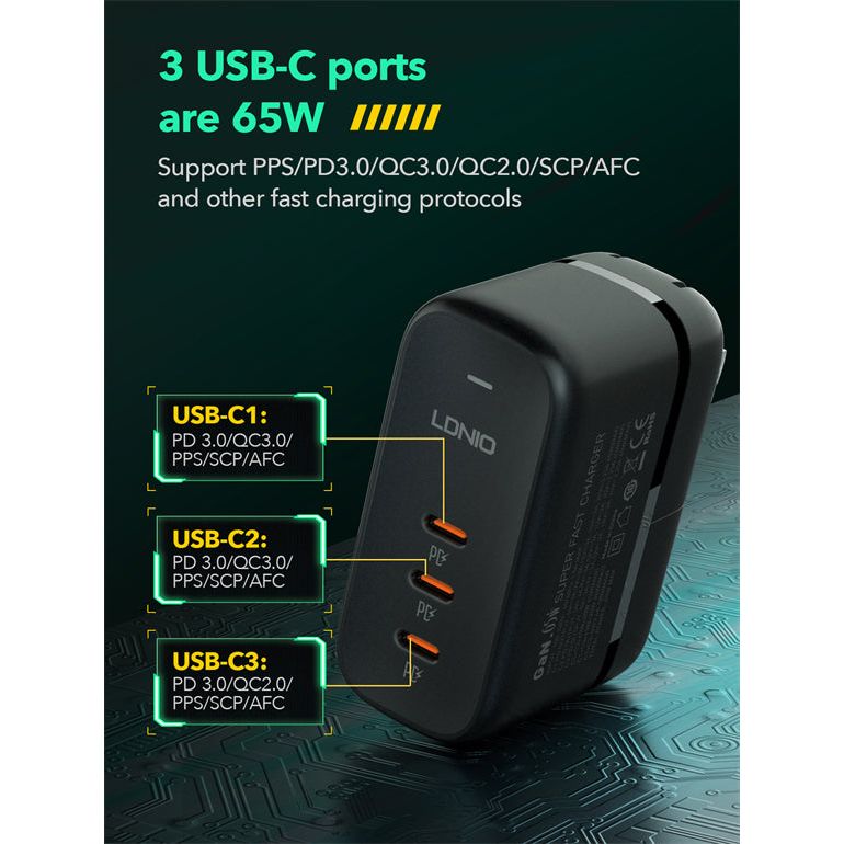 LD 65W GAN 3-Port USB-C Charger 1M Cable fast charging - Keans Claremorris