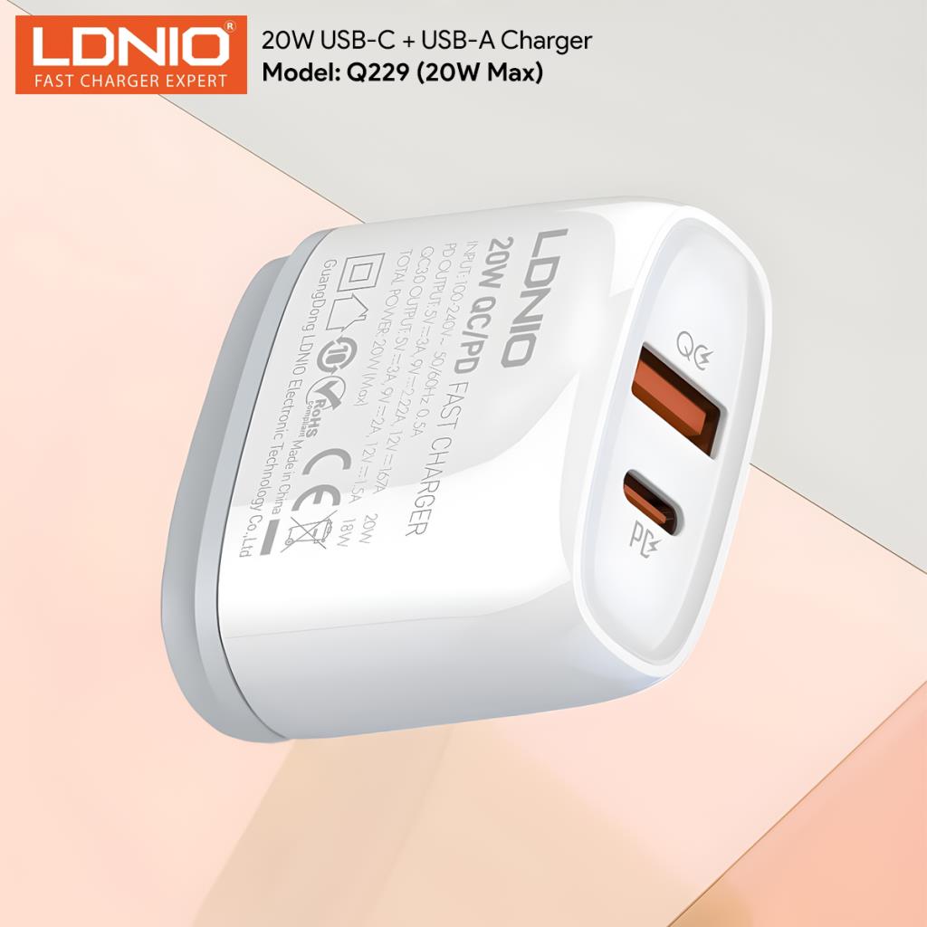 White Ldnio 20W PD/QC3.0 charger showing USB-C and USB-A ports with charging specifications on the side.