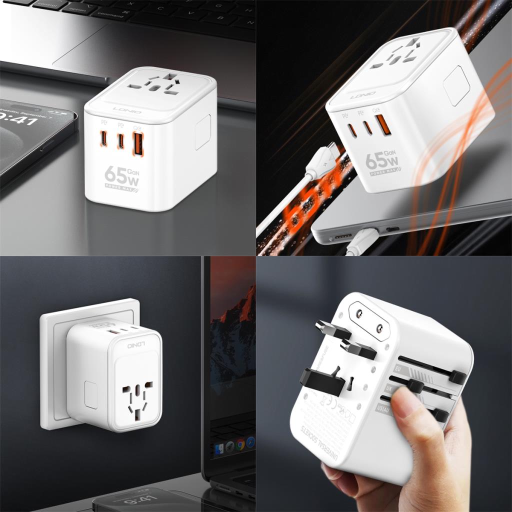 Ldnio 65W GaN travel charger showing USB ports, universal socket, and retractable plug adapters in use and hand-held.