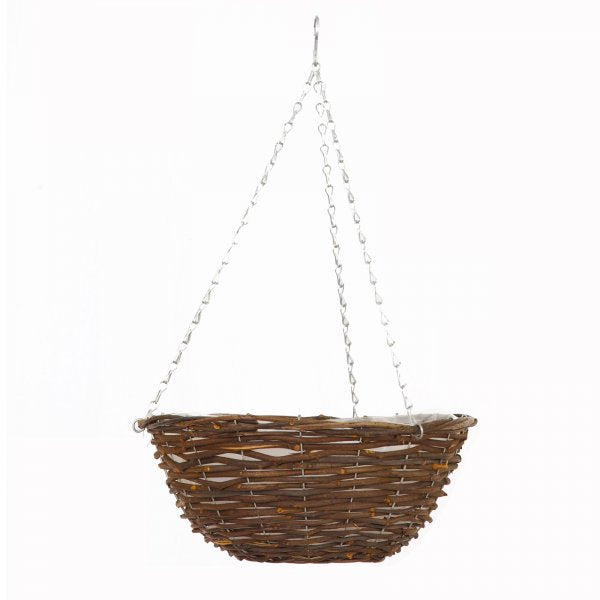 16in natural rattan hanging basket, pre-lined, holds 10.5L compost, 40.5cm diameter – Keans Claremorris