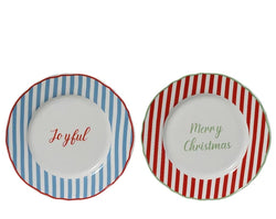 Porcelain Christmas Breakfast Plate – Striped Rim & Text (2 Assorted)