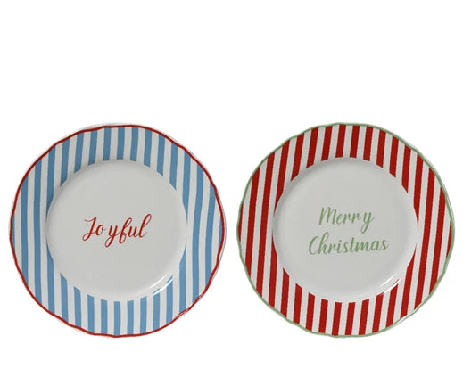 Porcelain Christmas Breakfast Plate – Striped Rim & Text (2 Assorted) - Image 1