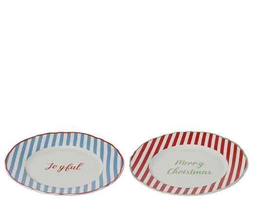 Porcelain Christmas Breakfast Plate – Striped Rim & Text (2 Assorted) - Image 2