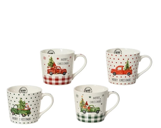 Four assorted Christmas porcelain mugs with vintage trucks carrying trees, each with different polka dot or check patterns.