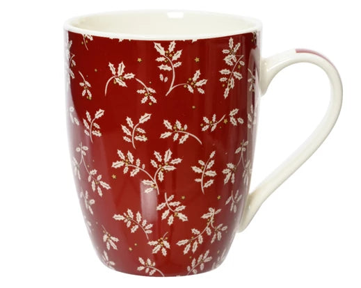 Porcelain mug with oxblood holly leaf decal, 10.5cm tall, 8.2cm diameter – elegant kitchenware from Keans Claremorris.