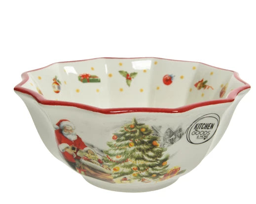 Decorative Christmas-themed bowl with Santa Claus and a tree on a white background