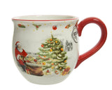 Decorative Christmas-themed mug with Santa Claus and a tree on a white background