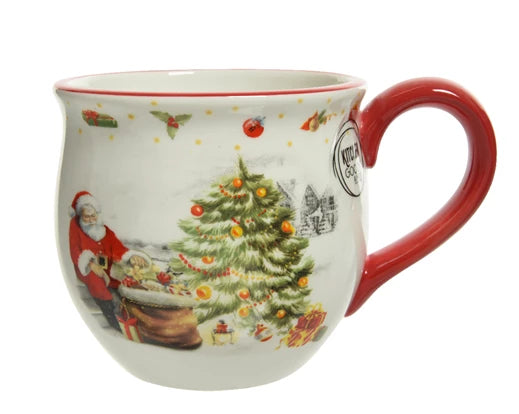 Decorative Christmas-themed mug with Santa Claus and a tree on a white background