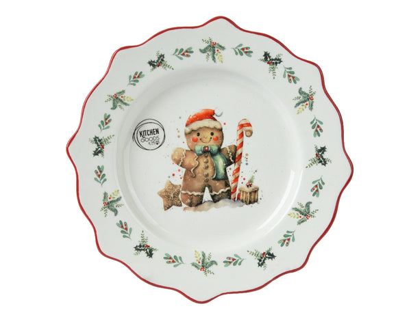 Breakfast Plate Gingerbread and Holly design with red rim, 20cm diameter, by Keans Claremorris