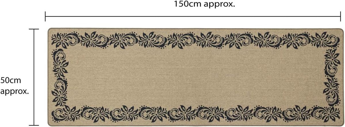 Beige Elegance Runner with black scroll border design, measuring approximately 50x150cm.