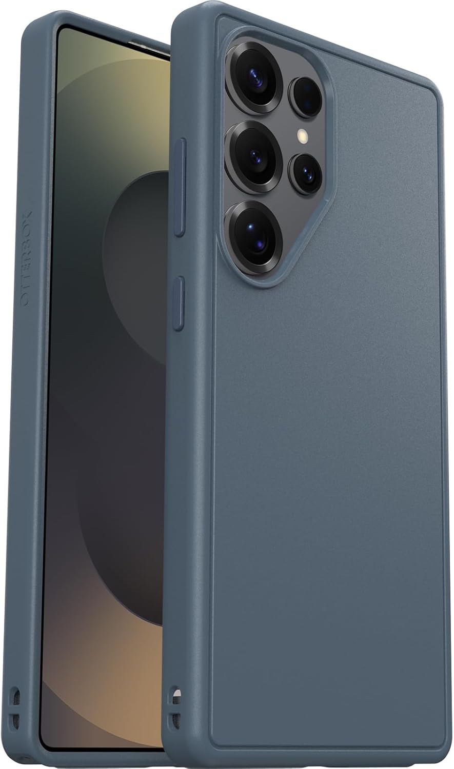 Slim blue OtterBox Symmetry Series case with raised camera protection on Samsung Galaxy S25 Ultra.