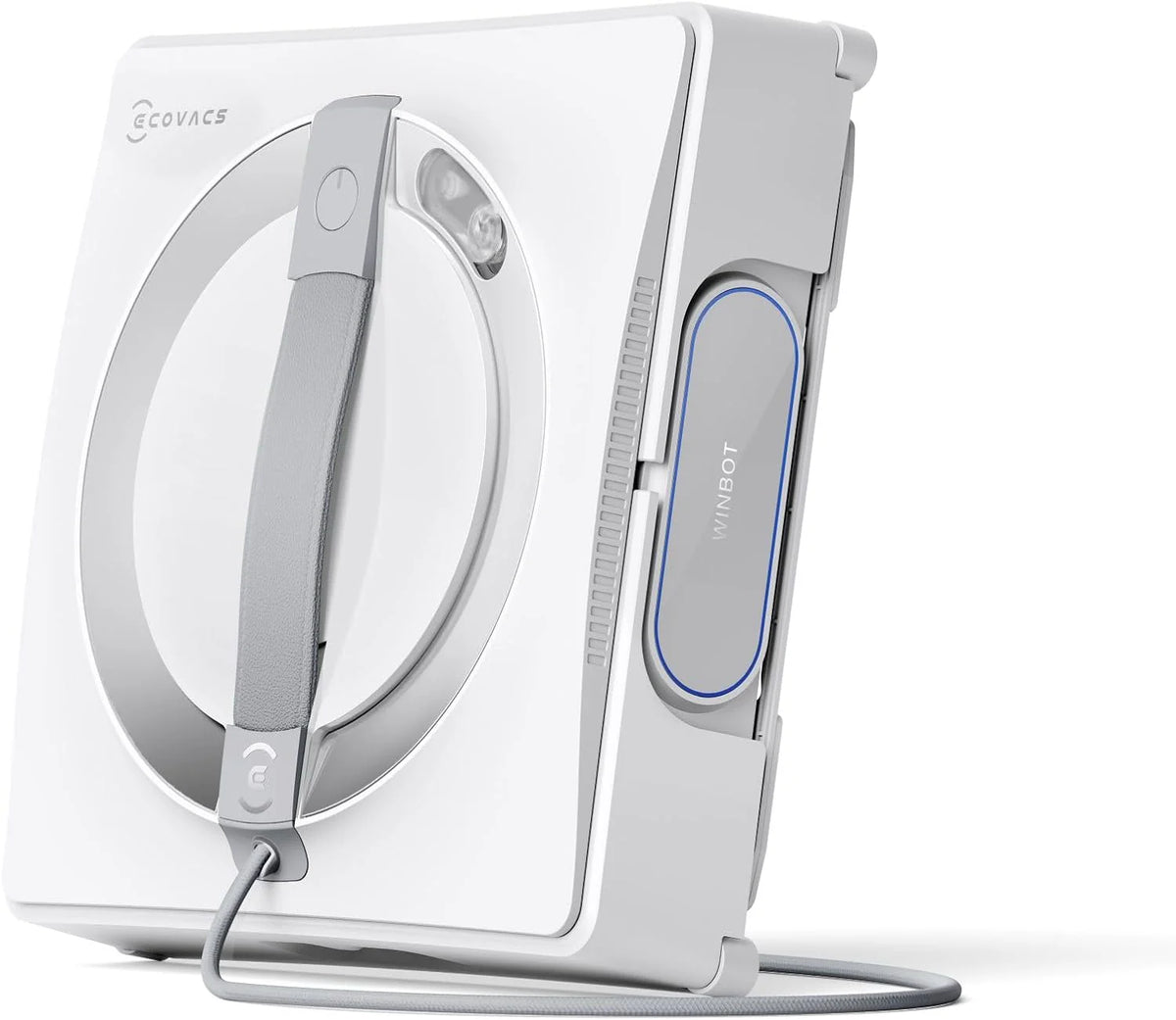 Ecovacs Winbot W2S Omni window cleaning robot in white with gray handle and power cord attached.