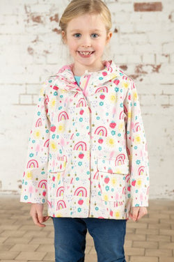 Heidi Girls Coat Rainbow Sunshine with colorful rainbow design, warm and cozy, available at Keans Claremorris.