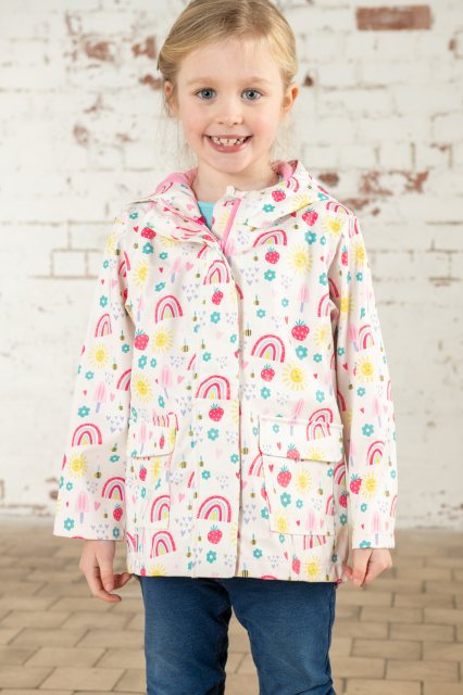 Heidi Girls Coat Rainbow Sunshine with colorful rainbow design, warm and cozy, available at Keans Claremorris.