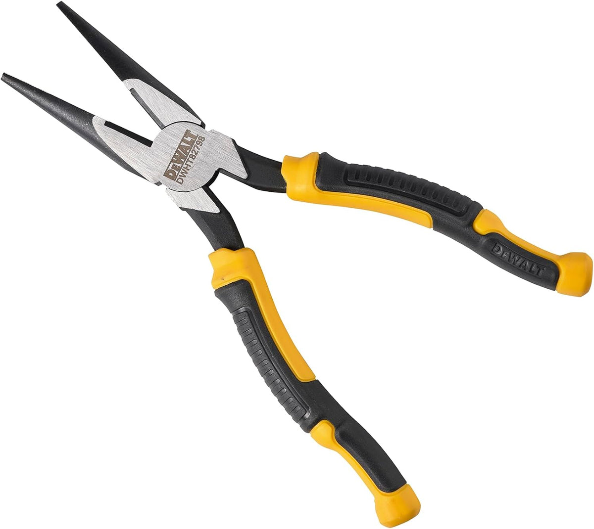 DeWalt 200mm long nose pliers with black and yellow ergonomic handles and metal jaws.