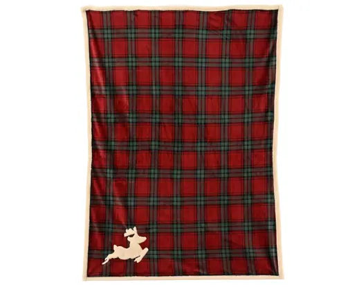 A red and green plaid blanket with a beige border and a small beige dog silhouette near the bottom left, shown flat against a white background.