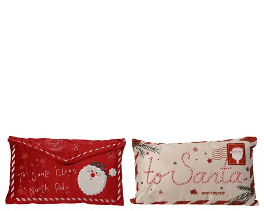 Two Christmas-themed pillows with 'To Santa' text on a white background