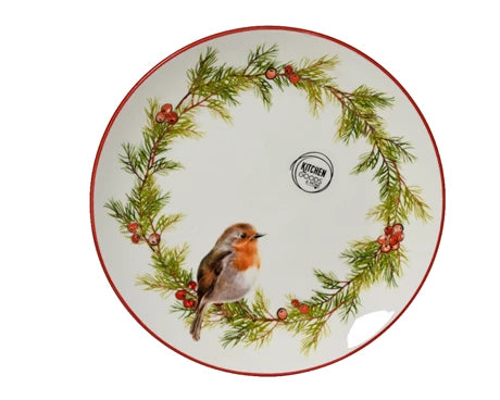 Porcelain Plate – Round with Wreath Pattern and Robin 19.5cm