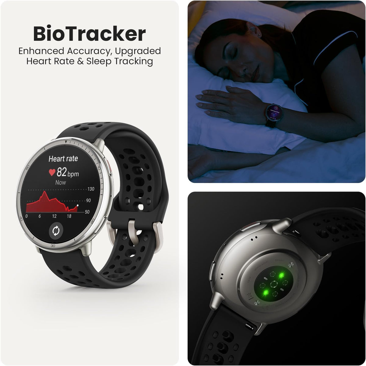 Amazfit Active 2 black sport silicone smartwatch showing heart rate, worn by sleeping woman, and sensor lights on back.