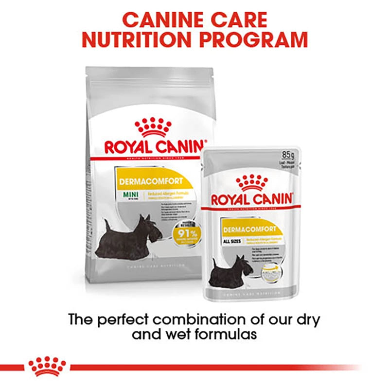 Royal Canin Dermacomfort Dog Pouch 85g – Skin care wet food for dogs, available at Keans Claremorris.