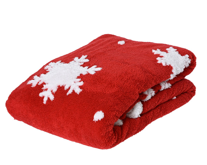 Red polyester throw with jacquard snowflake sherpa design, 130x170cm, cozy and festive – Keans Claremorris