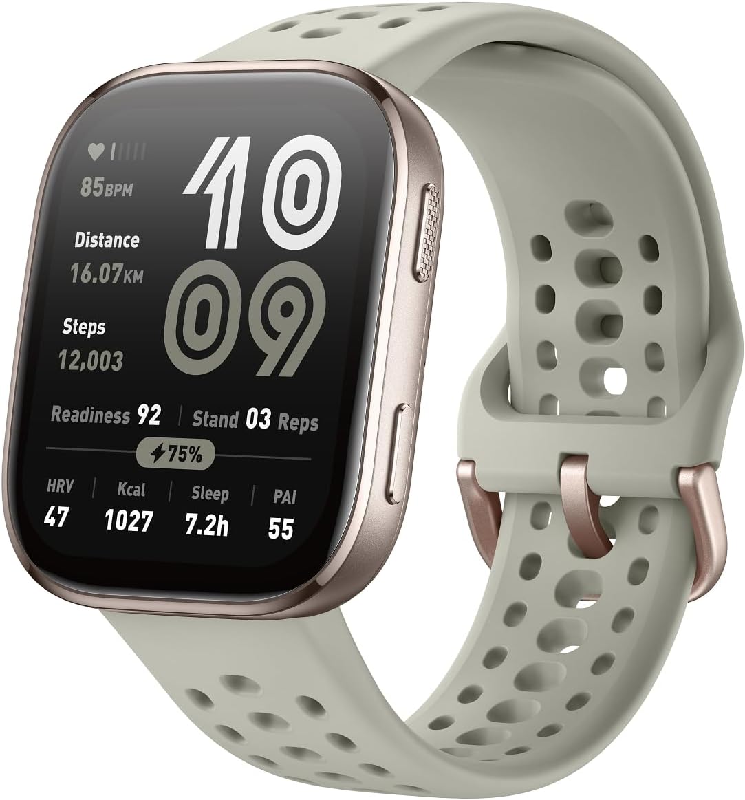 Amazfit Bip 6 Stone smartwatch with perforated silicone strap and fitness stats on AMOLED display