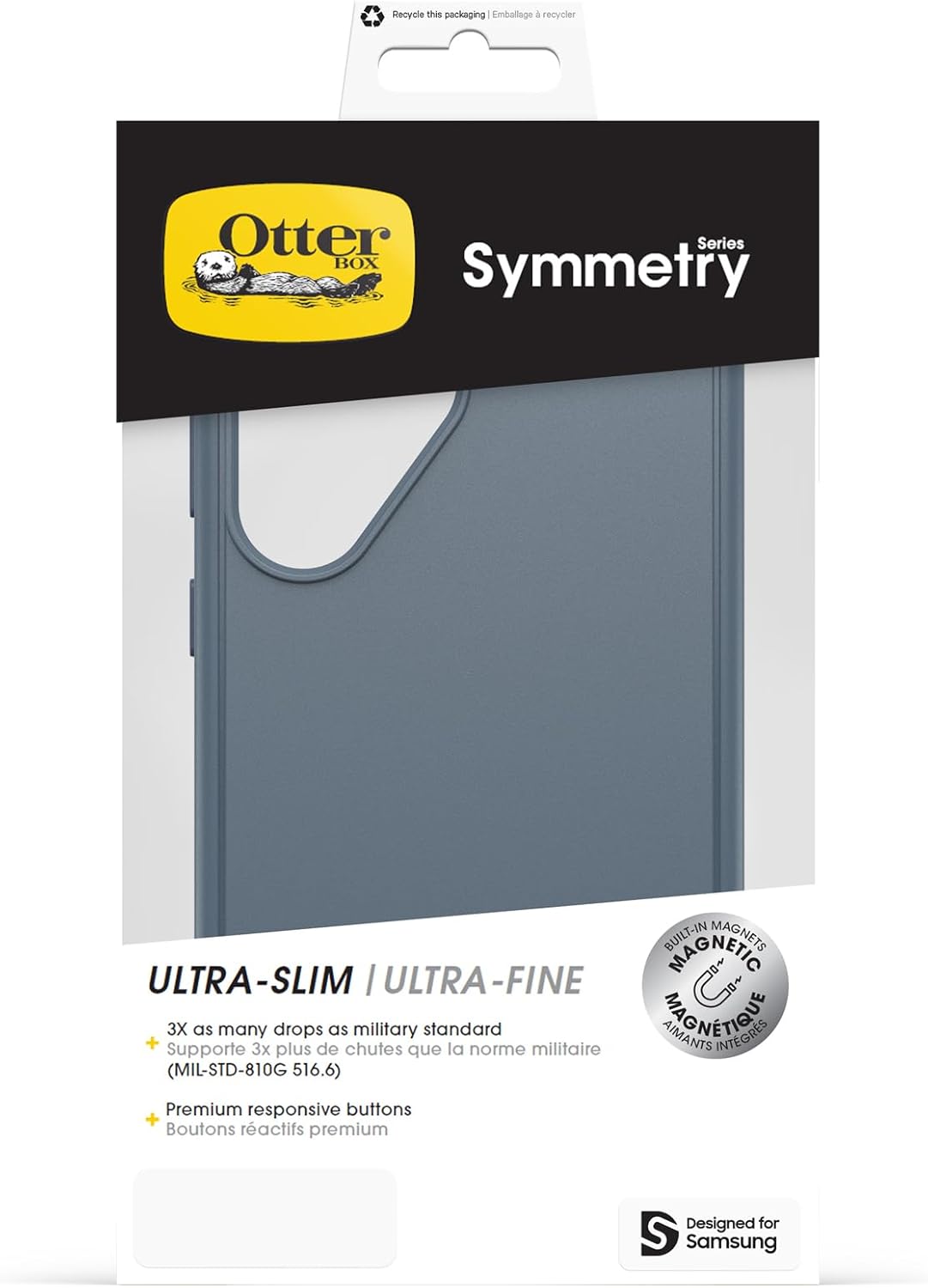 OtterBox Symmetry Series blue Samsung Galaxy S25 Ultra case in packaging showing partial front and features text.