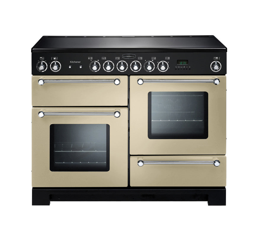 Rangemaster Kitchener 110 ceramic range cooker in cream with chrome handles and black control panel with knobs and digital