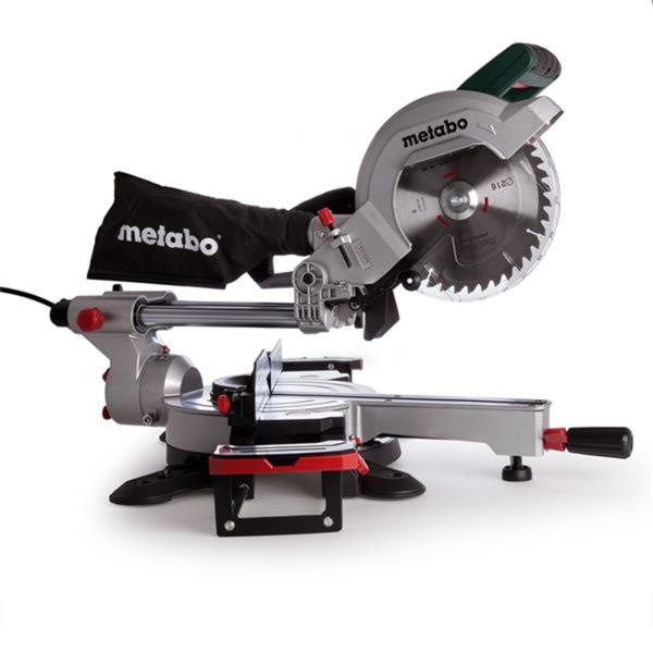Metabo 216mm cross cut mitre saw with dust bag, silver and black body, shown from side angle on white background